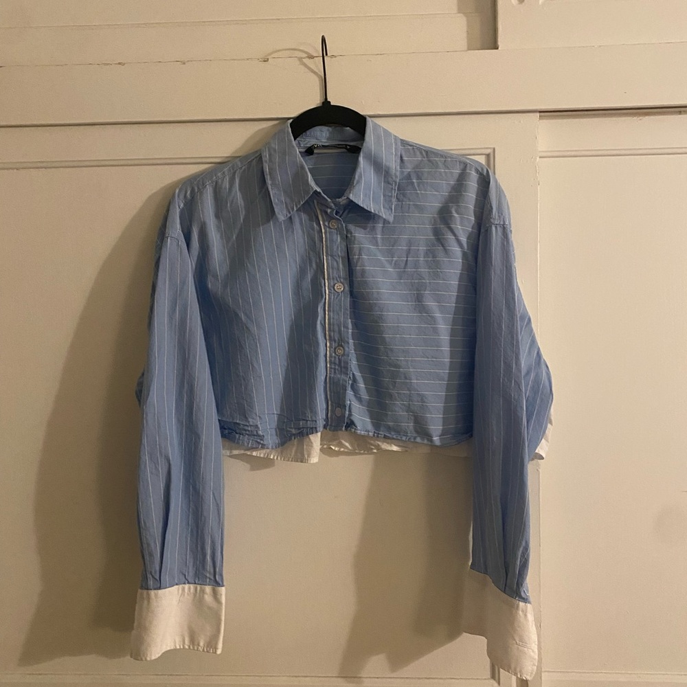 Zara Light Blue and White Striped Shirt